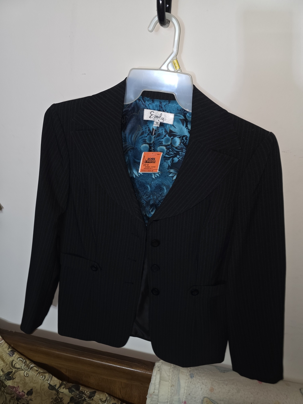 Emily Black Pinstripe Blazer with Teal Floral Lining